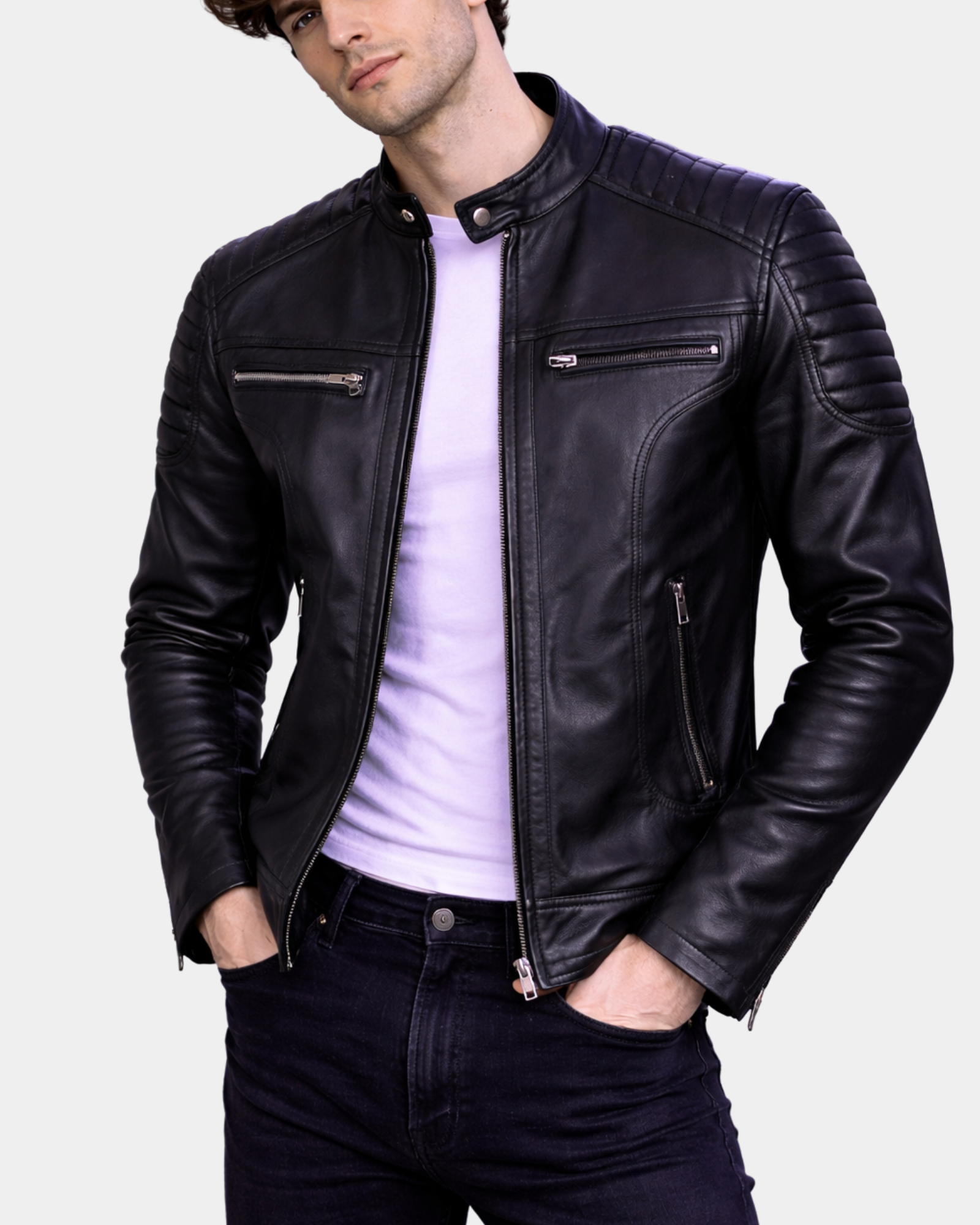 Mens Leather Biker Style Zip Jacket Eddie Essence Nova Black