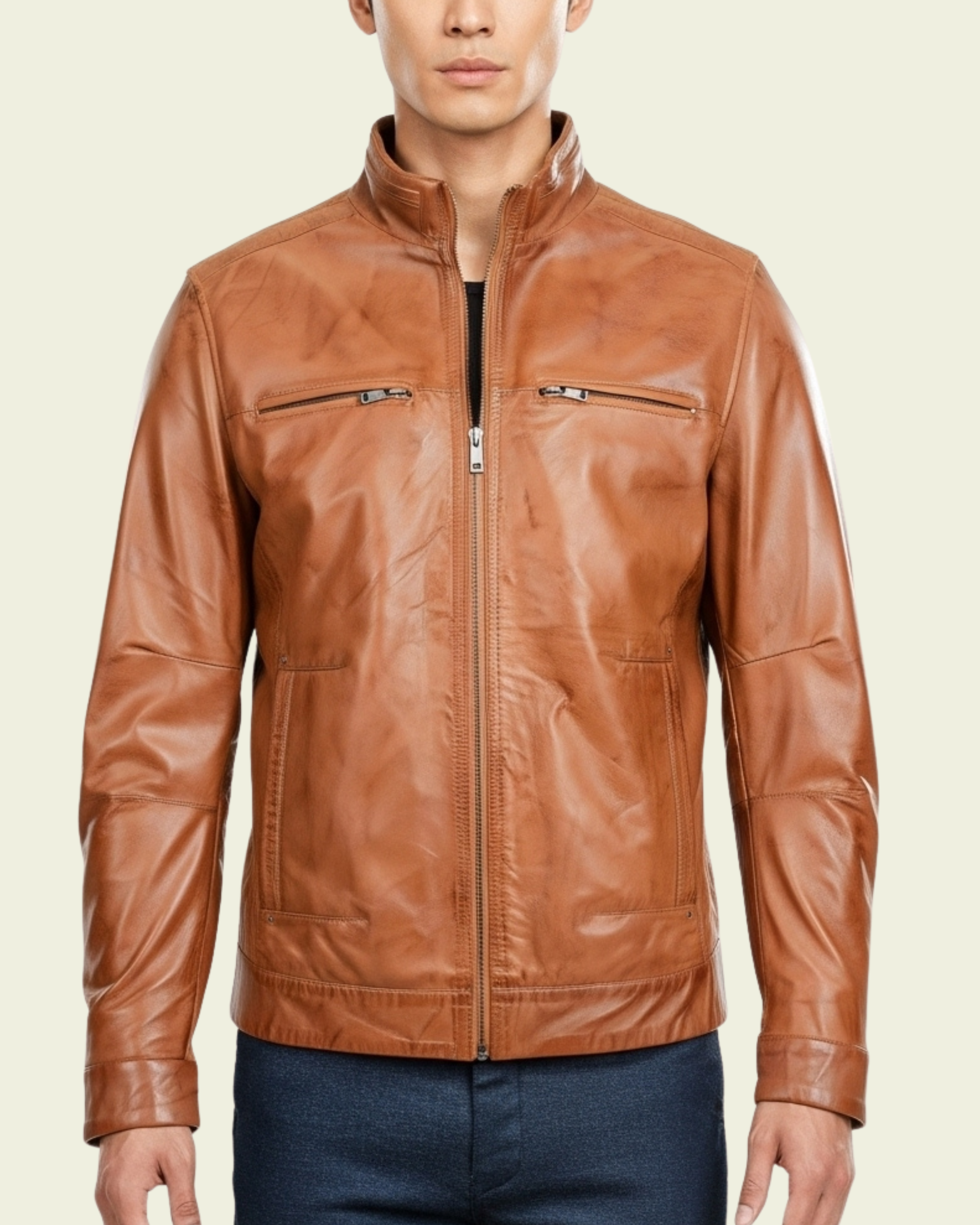 Men's Standing Collar Leather Jacket Tony Dynamo Tan