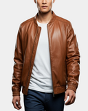 Men’s Classic Leather Bomber Jacket – Jim Dynamo Tan – product view 1