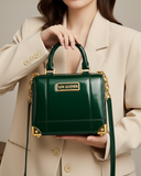 Lux Leather USA Aurora Gloss Patent Handbag – Dark Emerald Green with Gold Chain – product view 2