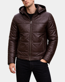 Men’s Leather Hooded Puffer Jacket – Zenith Brown – product view 1