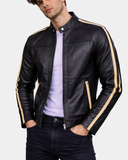 Men’s Leather Biker Jacket with Racing Stripes Clyde – Nova Black – product view 1