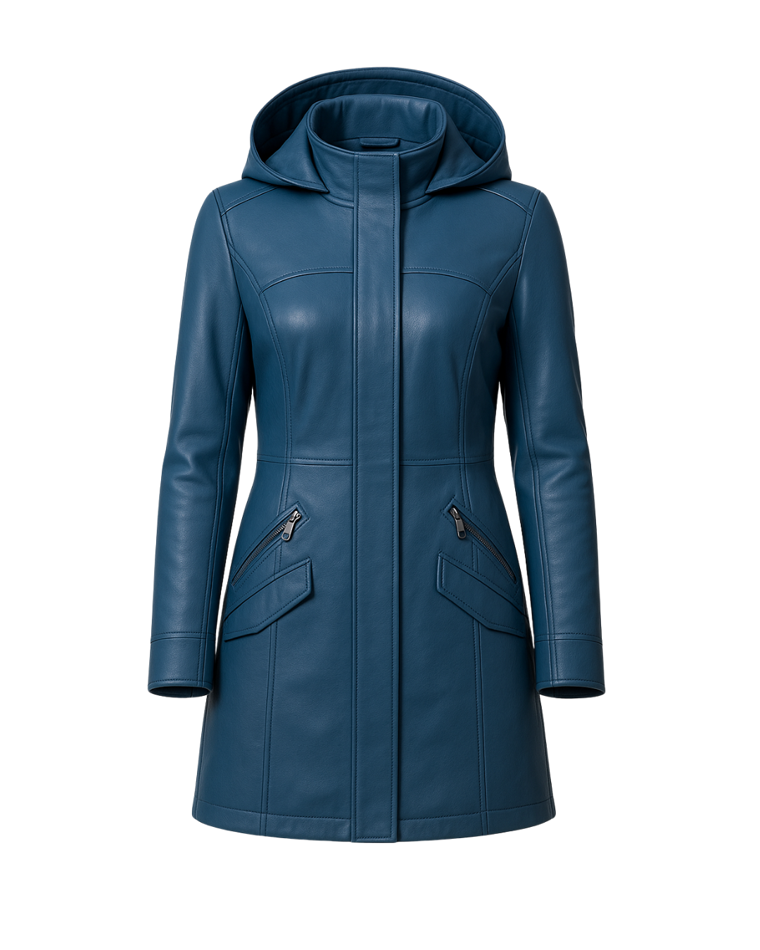 Azure Harbor Detachable-Hood Leather Coat Azure Blue