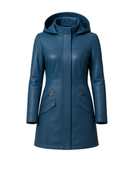 Azure Harbor Detachable-Hood Leather Coat Azure Blue