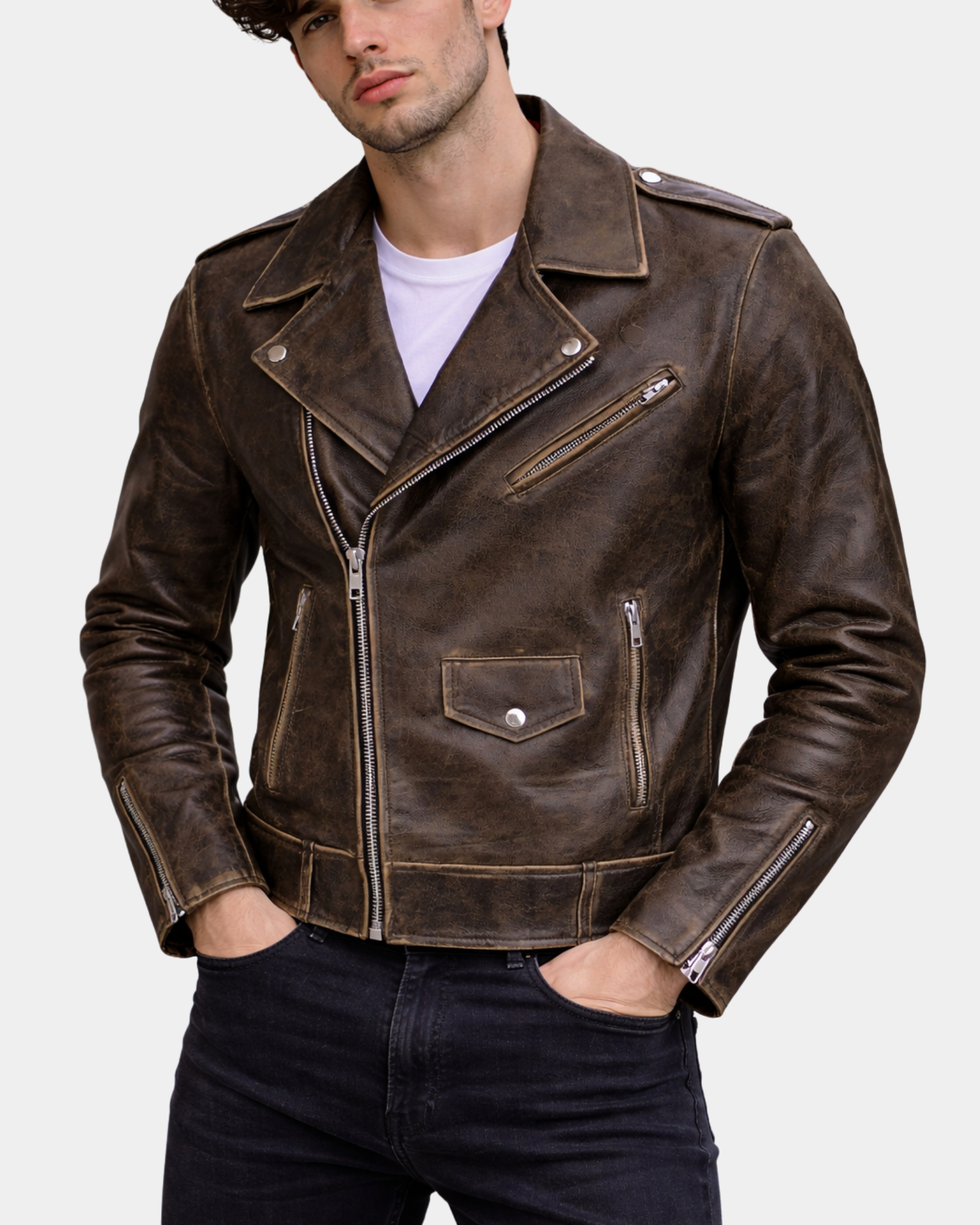Mens Leather Biker Brando Design Jacket Zenith Brown