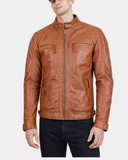 Men’s Biker Leather Jacket with Standing Collar Bowie – Dynamo Tan – product view 3