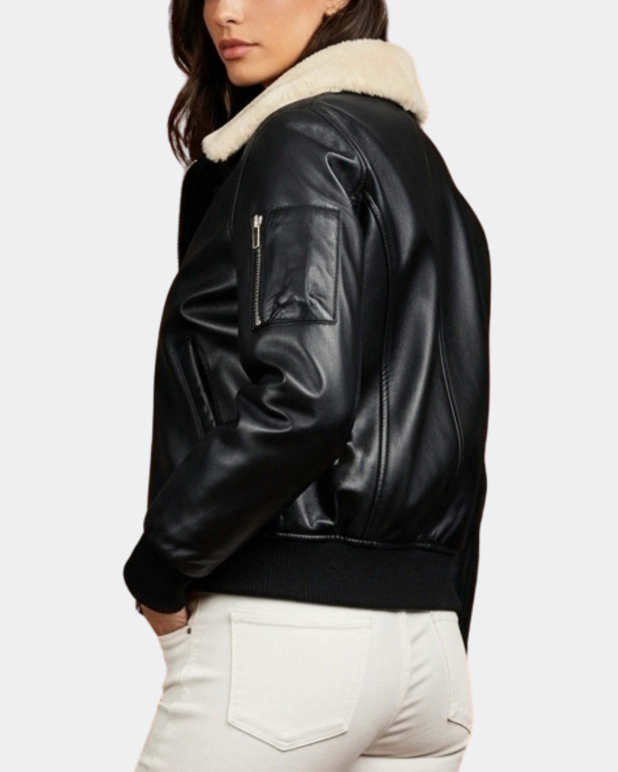 Women’s Nova Black Leather Bomber Jacket with Removable Collar