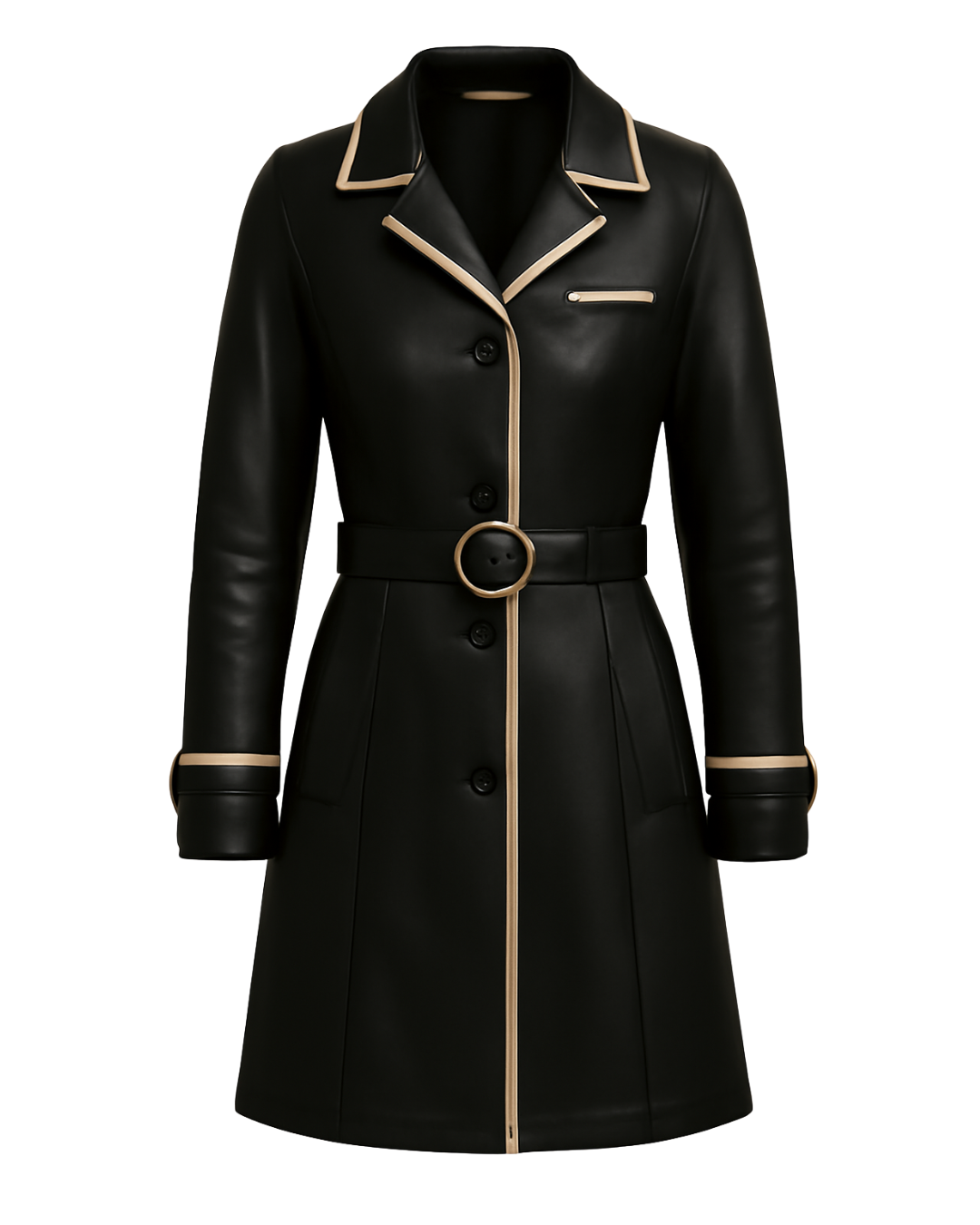 Midnight Luxe ¾ Leather Coat — Noir Beige