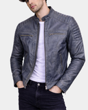 Men’s Leather Biker-Style Zip Jacket Eddie – Essence Grey Two-Tone – product view 1