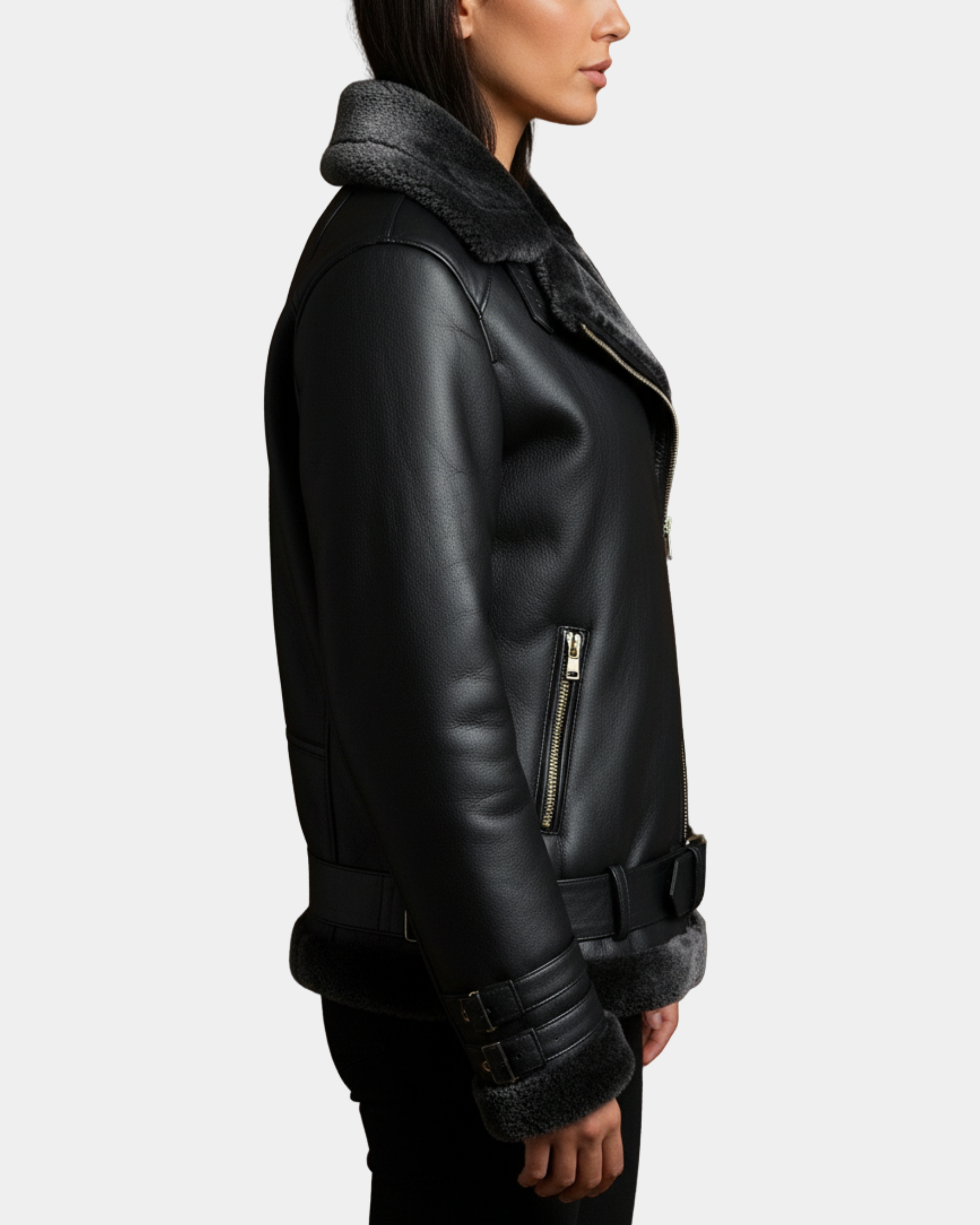 Women’s Sheepskin Aviator Cross-Zip Pilot Jacket Nova Black