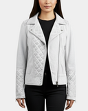 Women’s Leather Biker Jacket with Quilt Detail – Vintage Astral White – product view 1