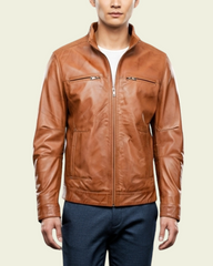 Men's Standing Collar Leather Jacket Tony Dynamo Tan