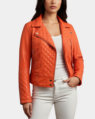 Women's Leather Biker Jacket with Quilt Detail Blissful Orange