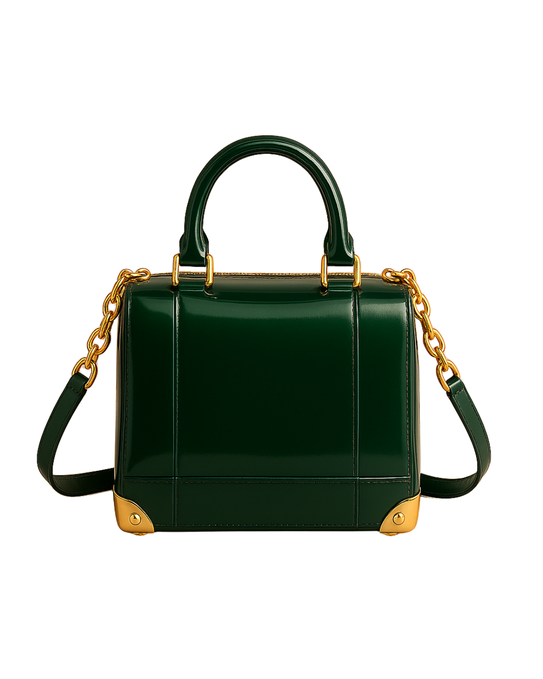 Lux Leather USA Aurora Gloss Patent Handbag – Dark Emerald Green with Gold Chain