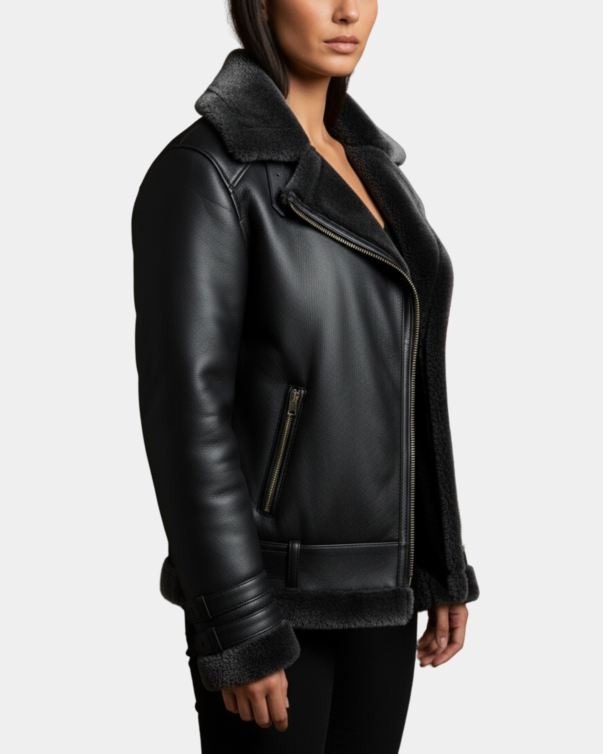 Women’s Sheepskin Aviator Cross-Zip Pilot Jacket Nova Black