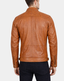 Men’s Biker Leather Jacket with Standing Collar Bowie – Dynamo Tan – product view 2