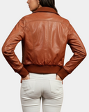 Women’s Leather Classic Bomber Jacket – Motto Dynamo Tan – product view 2