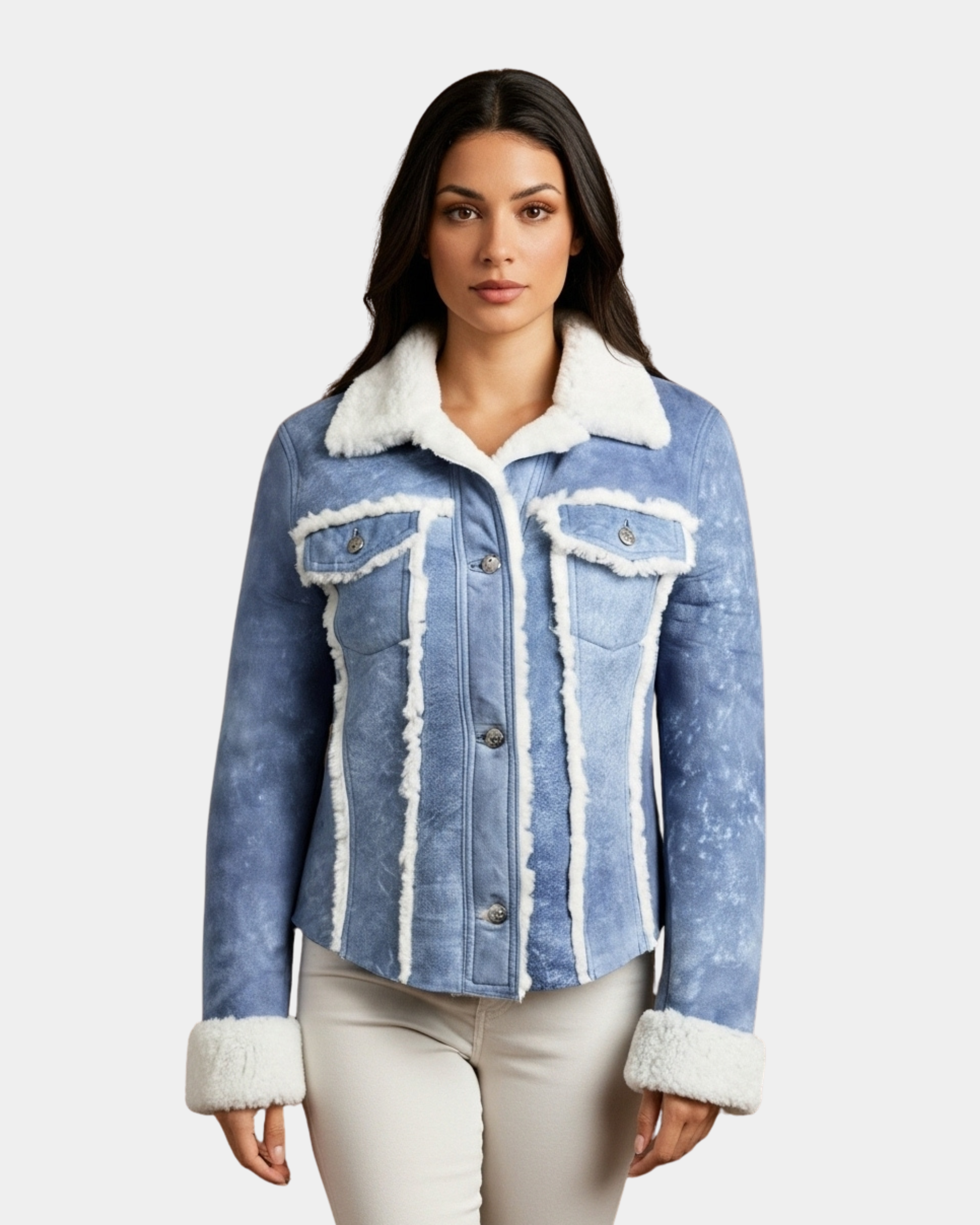 Women’s Real Sheepskin Trucker Jacket Kylie Denim Radiant Blue