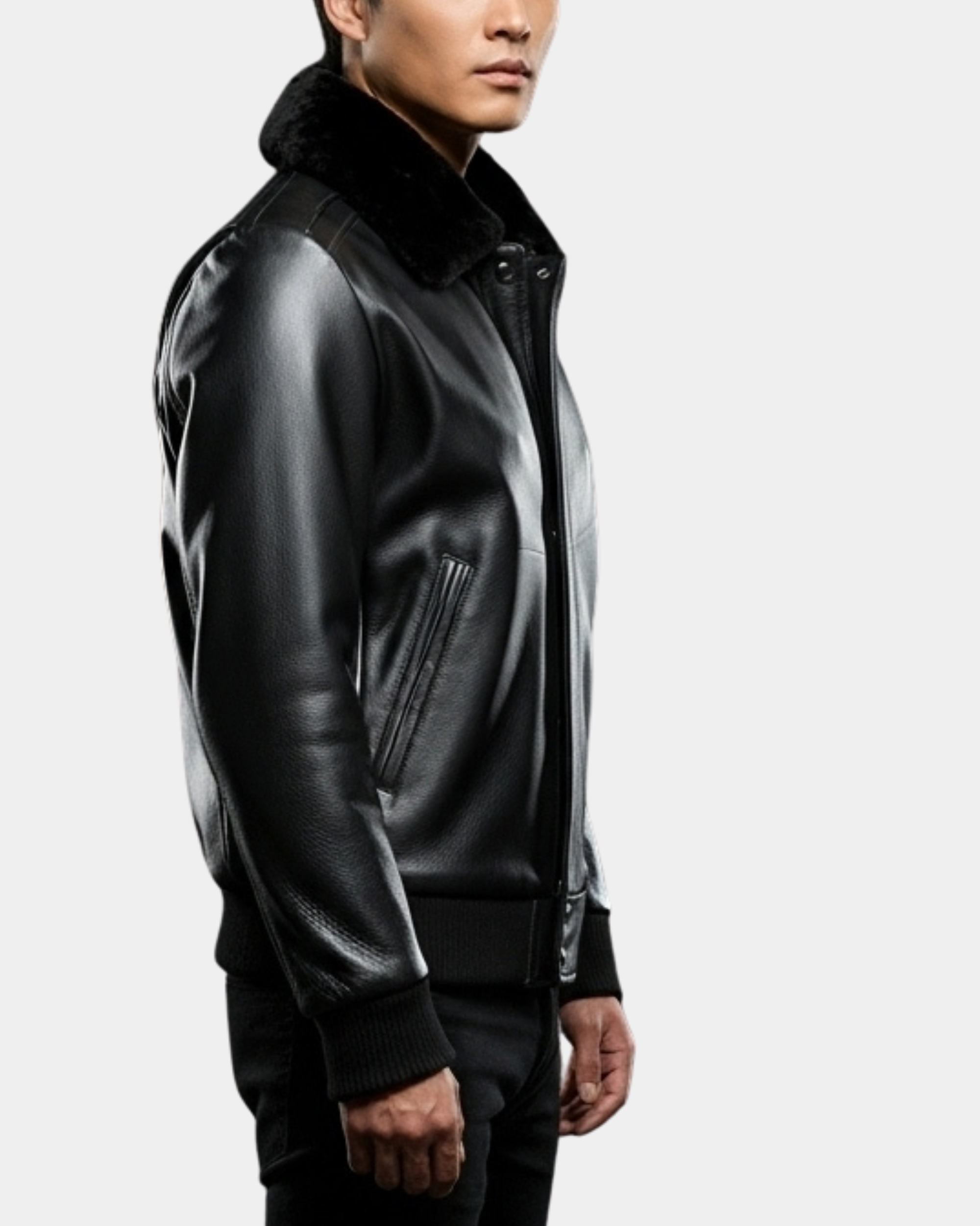 Men's Leather Bomber Pilot Jacket Removable Collar Leroy Nova Black