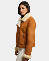 Women’s Sheepskin Aviator Pilot Jacket Dynamo Tan White