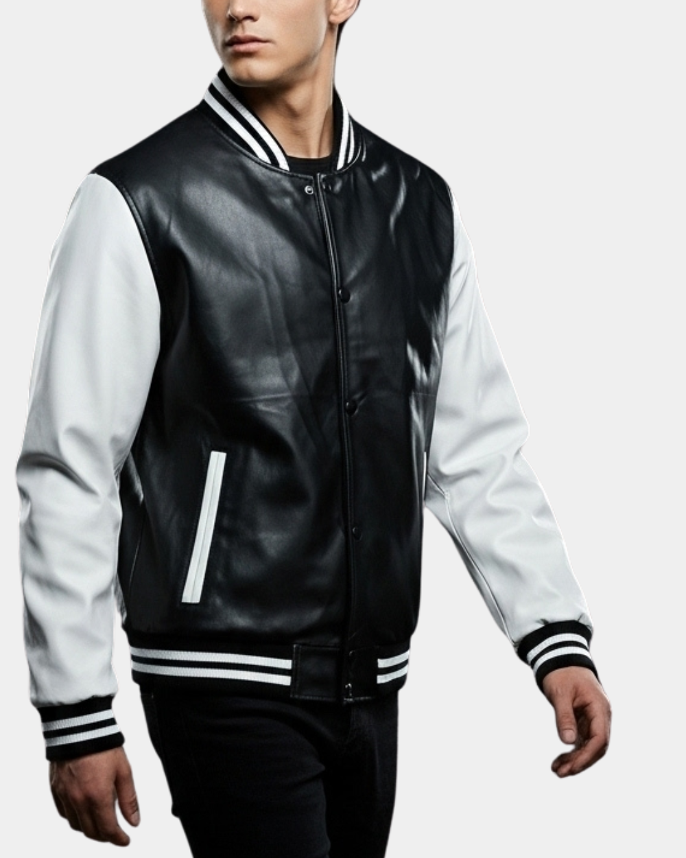 Men's Leather College Boy Varsity Jacket Garry Black Astral White