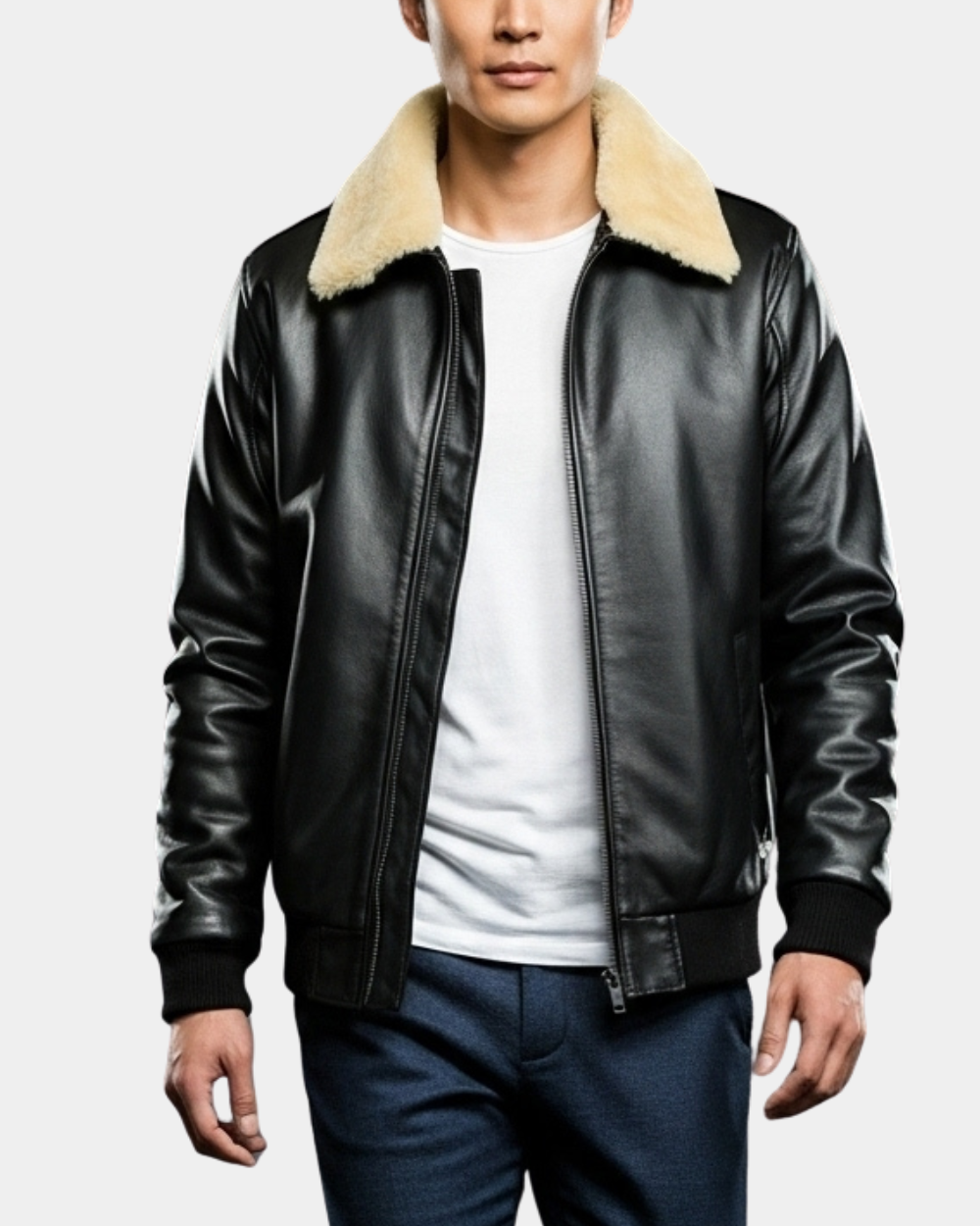 Men's Bomber Leather Jacket with Sheepskin Collar Viggo Nova Black