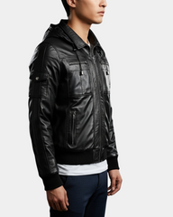 Men's Leather Bomber Jacket with Hoodie Bronx Nova Black