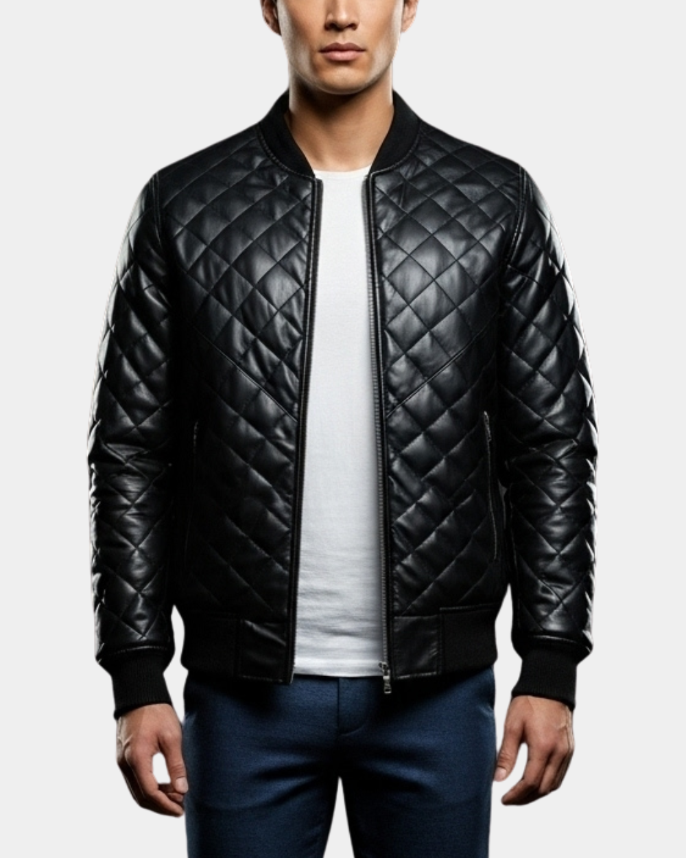 Men's Leather Quilted Bomber Jacket Warren Nova Black