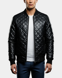 Men’s Leather Quilted Bomber Jacket – Warren Nova Black – product view 1