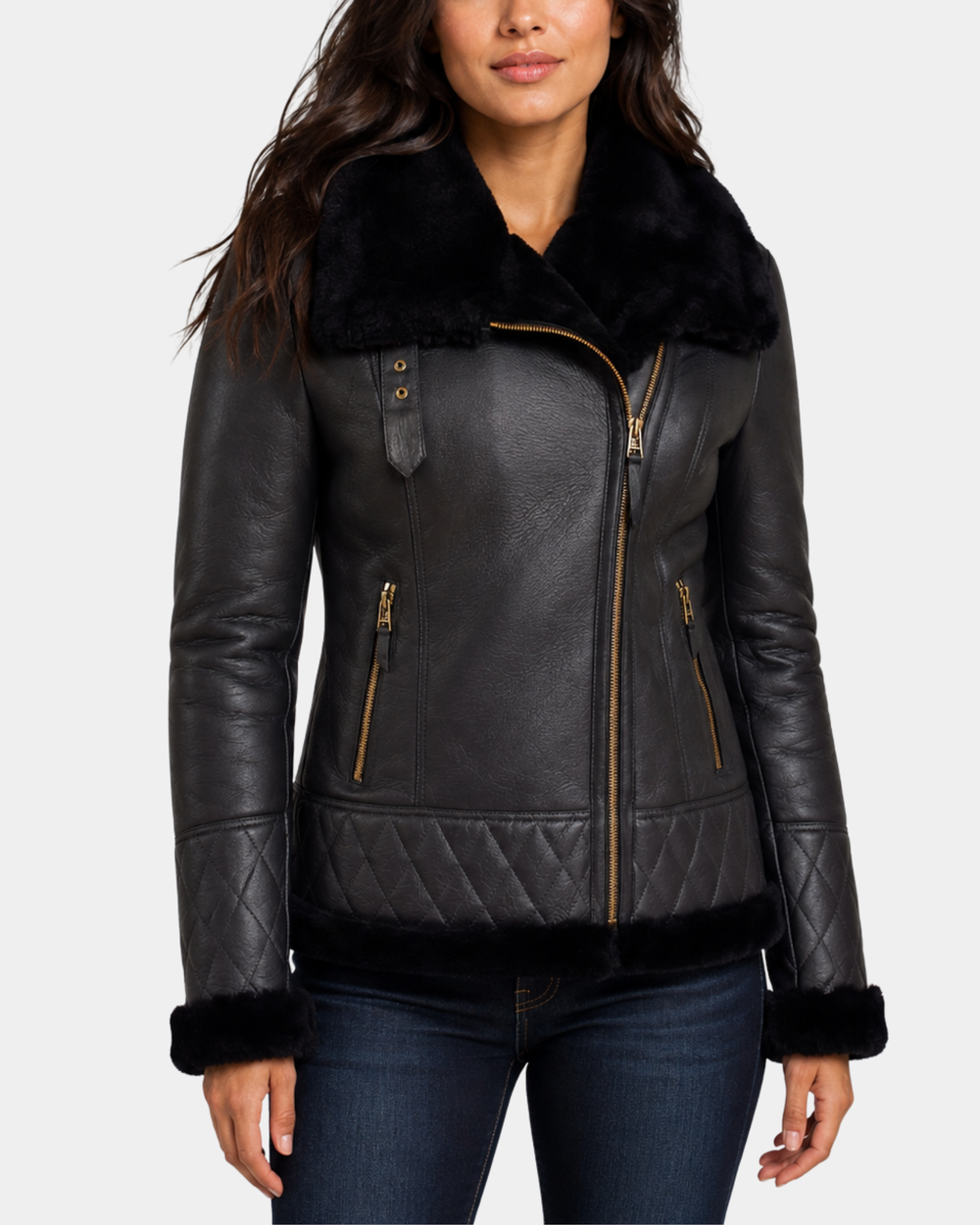 Women's Merino Sheepskin Aviator Jacket Nova Black - front view