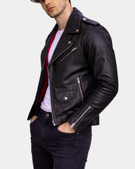 Mens Leather Biker Jacket Brando Style Johnny Dynamo Nova Black