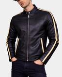 Men’s Leather Biker Jacket with Racing Stripes Clyde – Nova Black – product view 3
