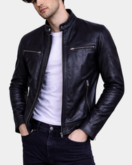 Mens Leather Cafe Racer Biker Jacket Charlie Black