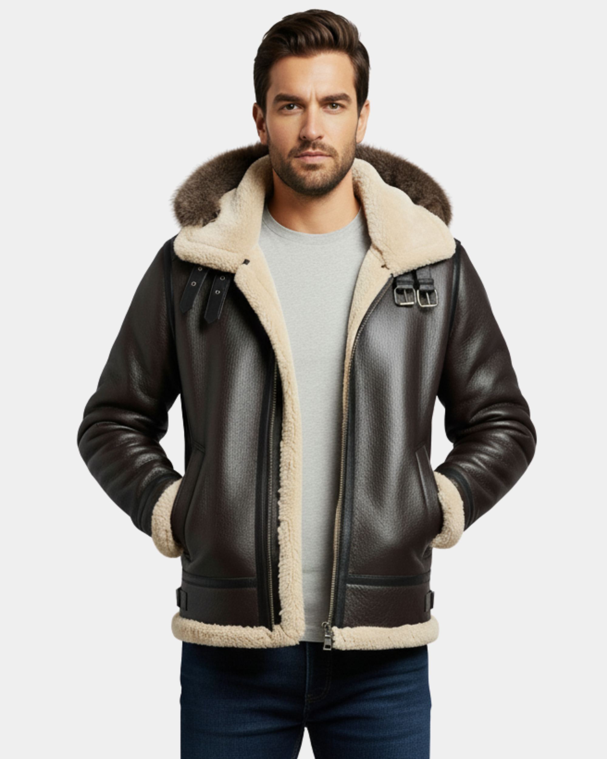 Men’s Bomber Flying Aviator RAF B3 Real Leather Sheepskin Jacket Zenith Brown Hooded