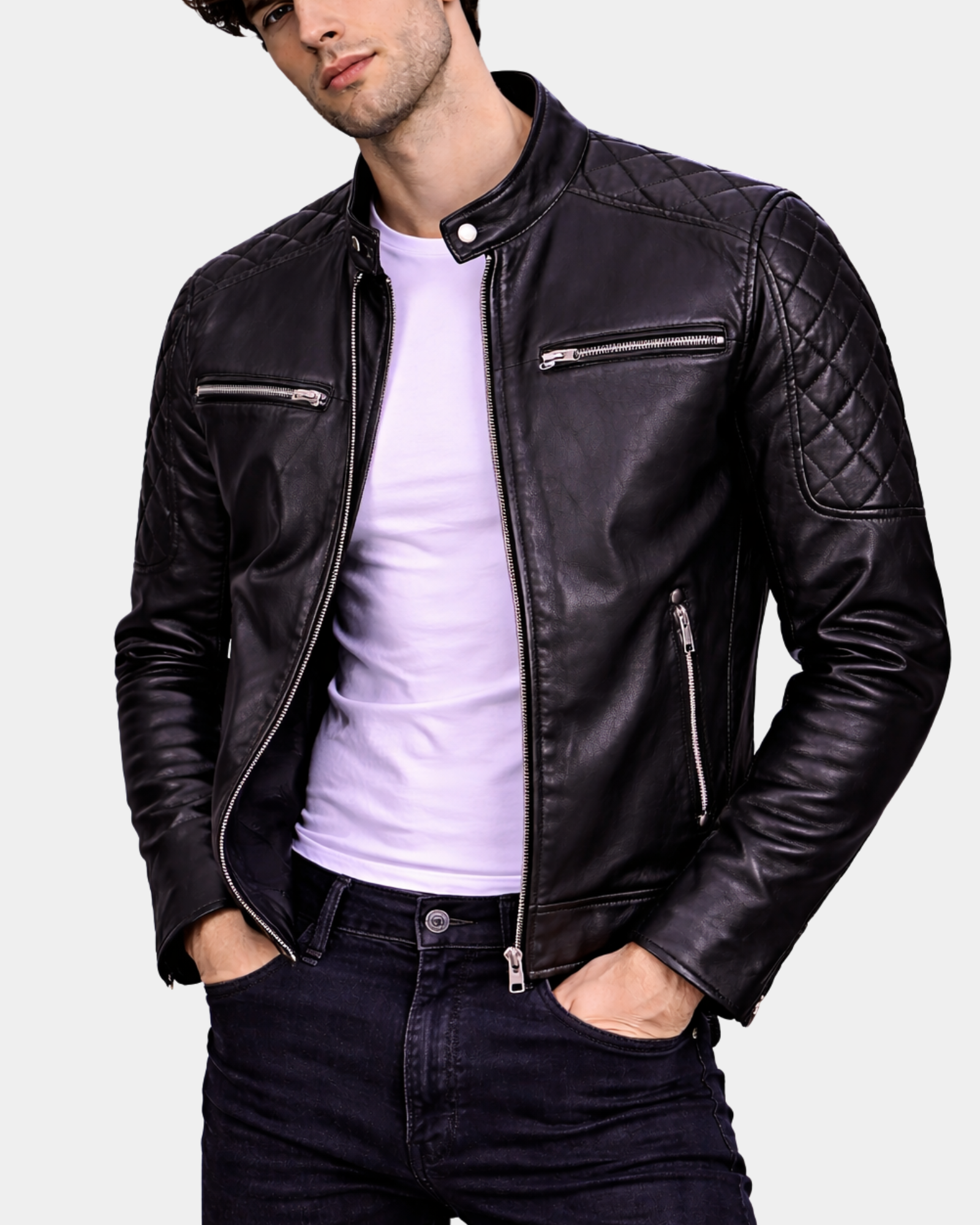 Mens Leather Biker Style Jacket with Quilt Detail Nova Black