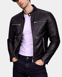 Mens Leather Biker Style Jacket with Quilt Detail Nova Black – product view 1