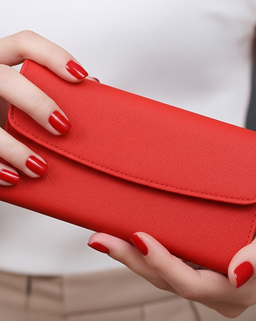Radiant Red Saffiano Leather Long Wallet for Women