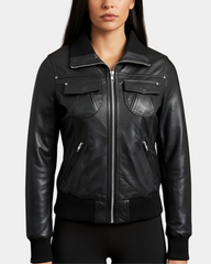 Women’s Leather Classic Bomber Jacket in Motto Nova Black