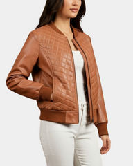 Women’s Leather Varsity Quilted Bomber Jacket in Dynamo Tan