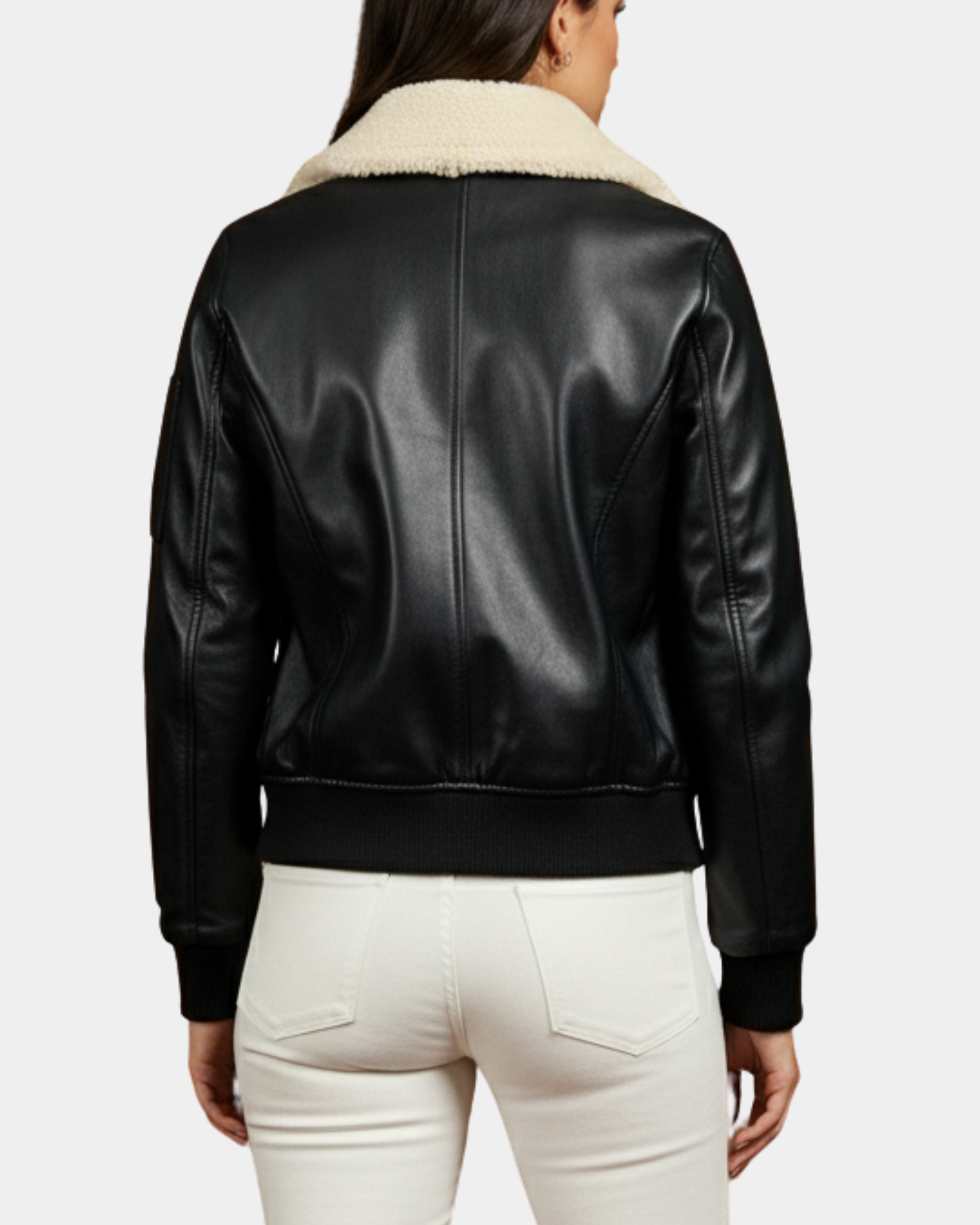 Women’s Nova Black Leather Bomber Jacket with Removable Collar