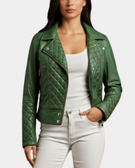 Women's Leather Biker Jacket with Quilt Detail Aurora Green