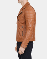 Mens Biker Leather Jacket Dual Zip Hook Dynamo Tan