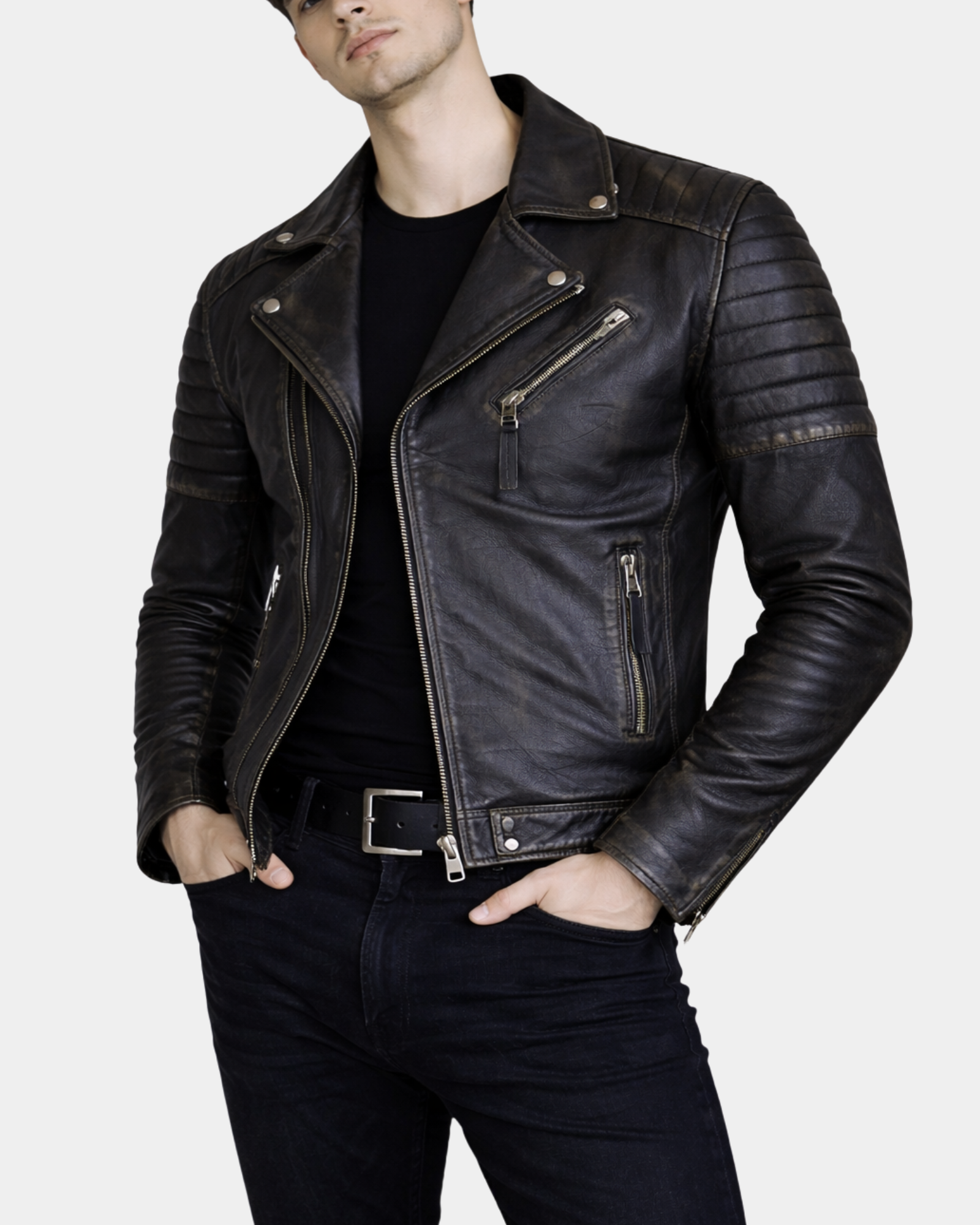 Men's Biker Leather Jacket with Dual Zip Hook Paradox Rub Off