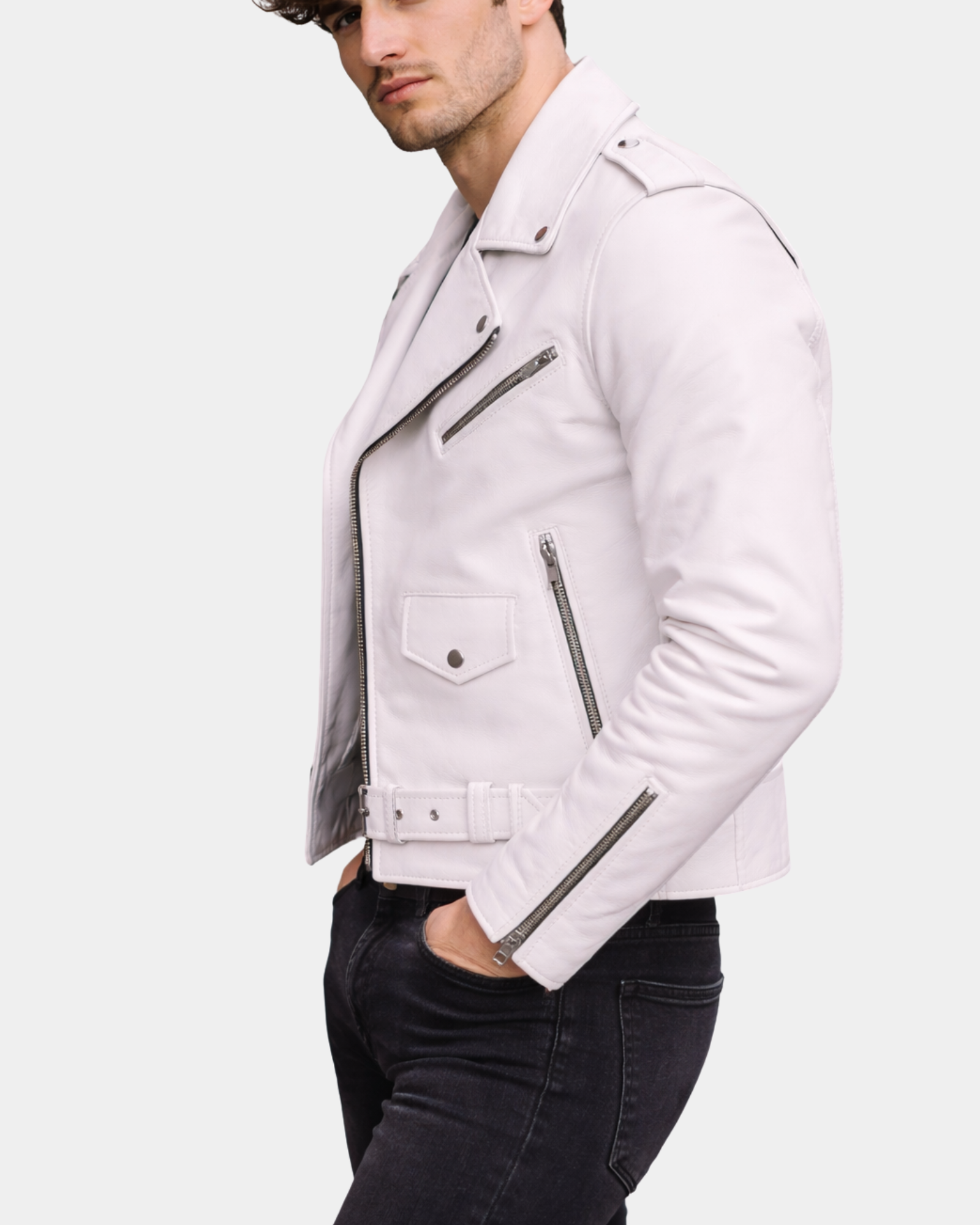 Mens Heavy Duty Leather Biker Brando Jacket Astral White
