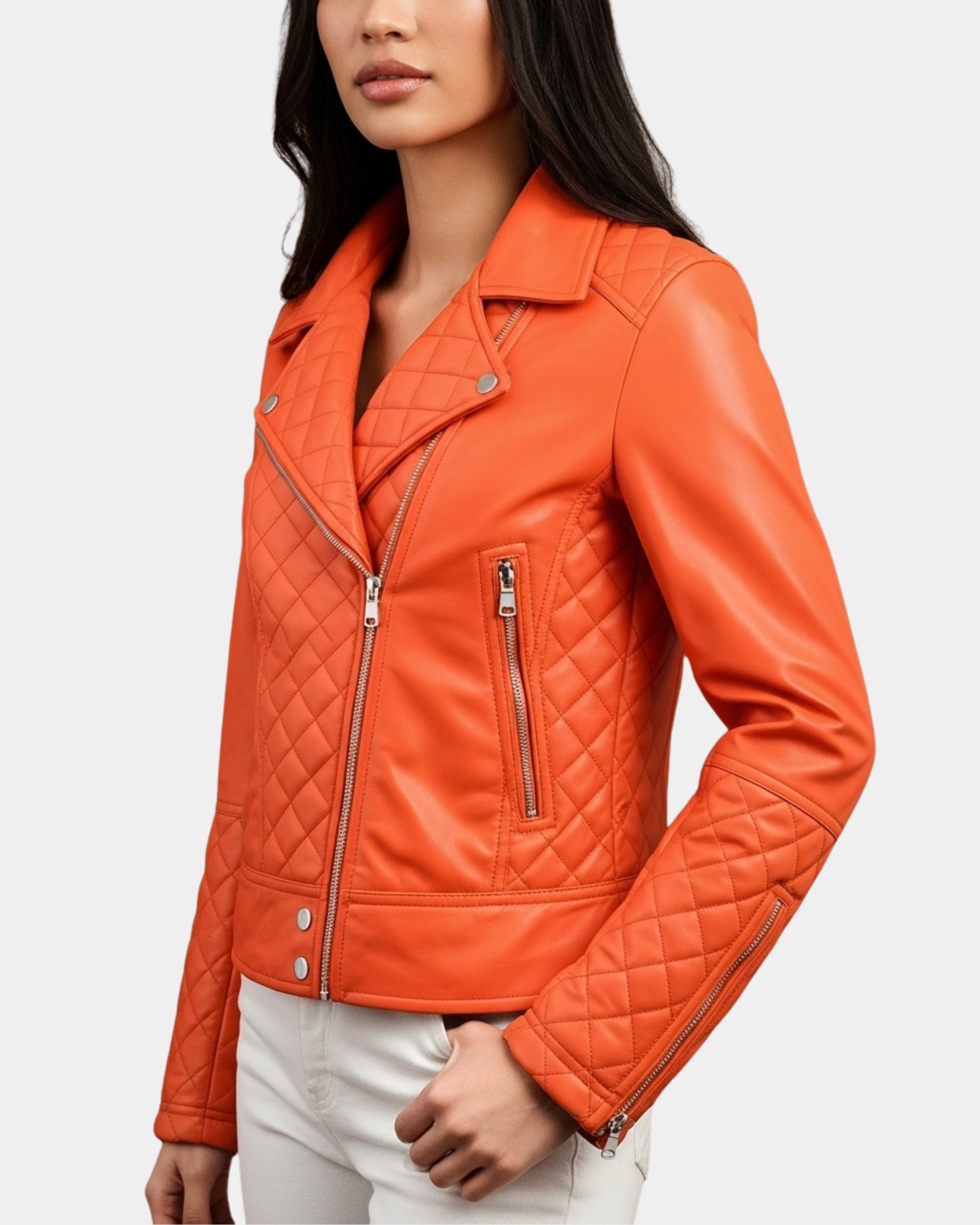 Women's Leather Biker Jacket with Quilt Detail Blissful Orange