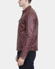Mens Biker Leather Jacket Standing Collar Infinite Burgundy