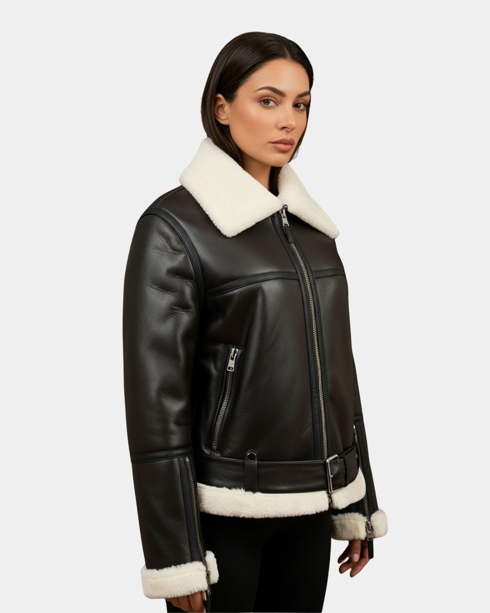 Women’s Sheepskin Aviator RAF Pilot Jacket Zenith Brown White