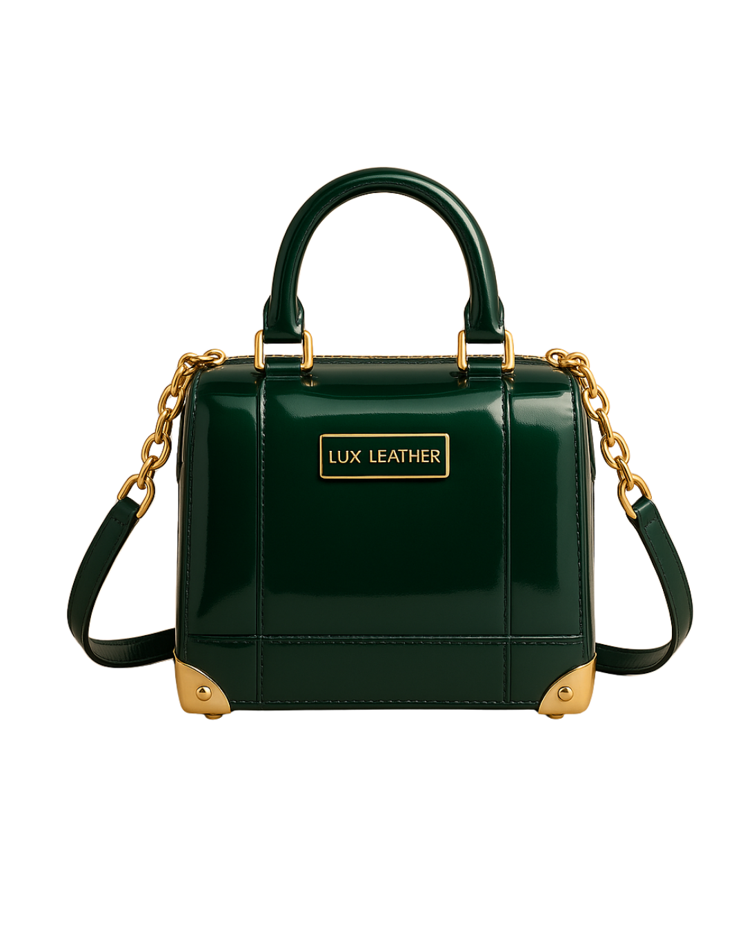 Lux Leather USA Aurora Gloss Patent Handbag – Dark Emerald Green with Gold Chain