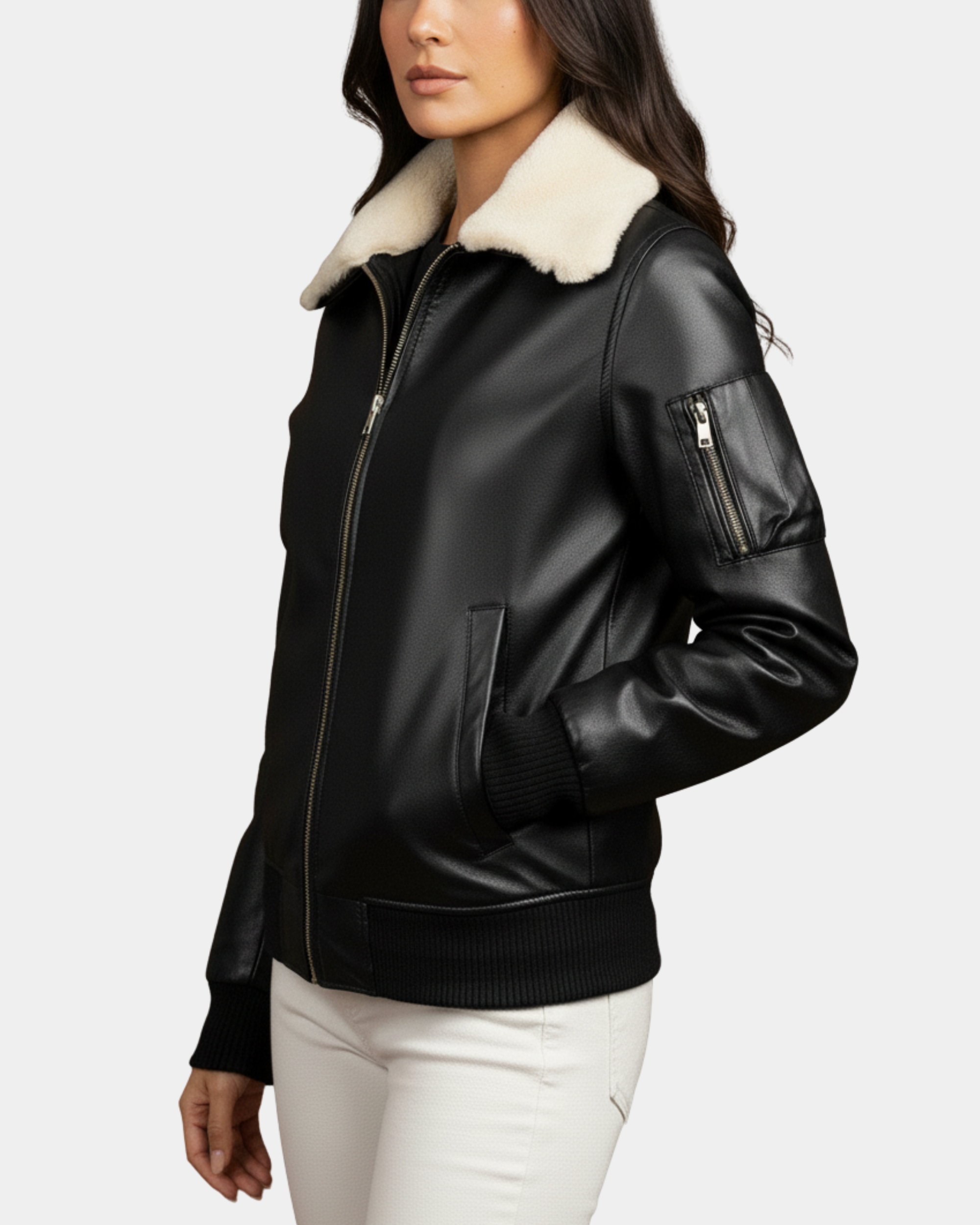 Women’s Nova Black Leather Bomber Jacket with Removable Collar