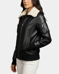Women’s Nova Black Leather Bomber Jacket with Removable Collar
